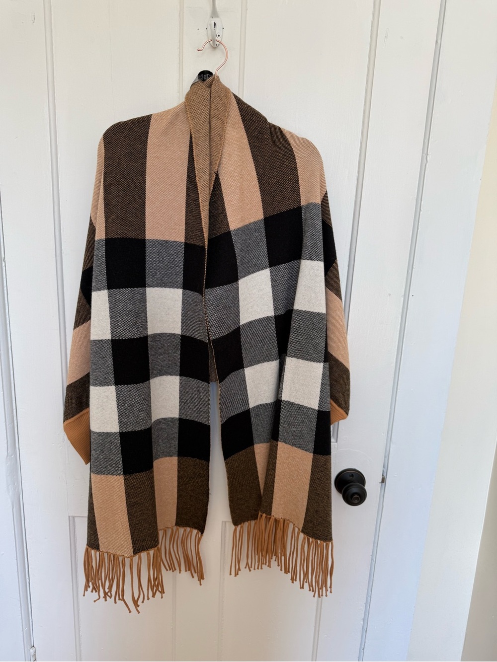 Brown Plaid Fringed Throw Shawl with Sleeves